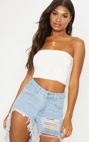 Cropped Tube Top with Heavily Ripped Boyfriend Jeans