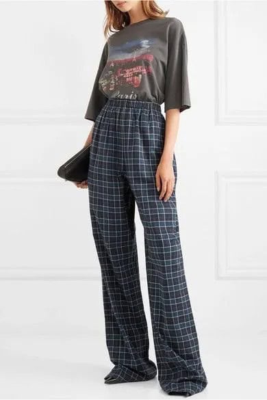 Grey Graphic T Shirt with Blue High Rise Plaid Flannel Wide Leg Pants