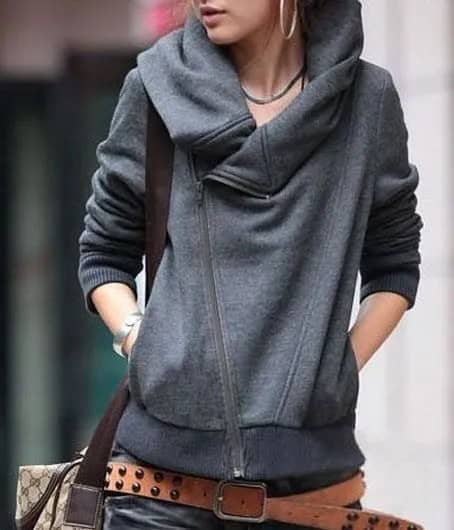 Grey Cowl Neck Hoodie Cardigan with Jeans & Studded Belt