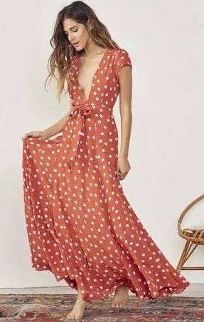 Red and White Polka Dot Maxi Flared Wrap Dress