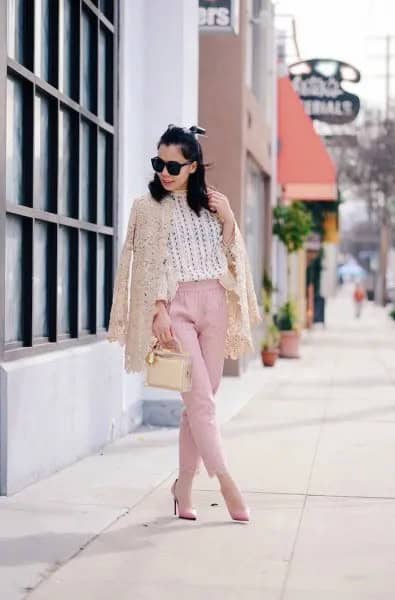 Ivory Lace Jacket with White Sweater & Pink Chinos