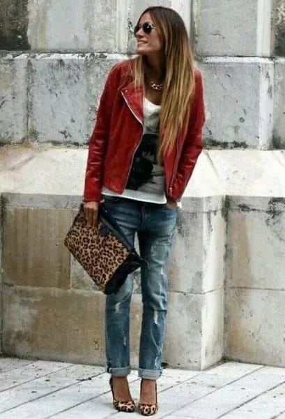 Brown Leather Coat with White Print Tee & Boyfriend Jeans