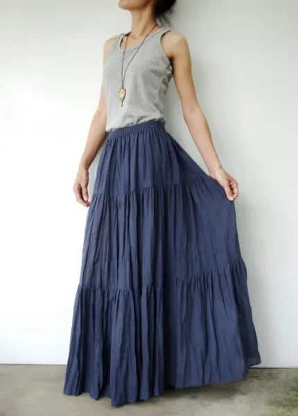 Grey Vest Top with Navy Floor Length Peasant Skirt