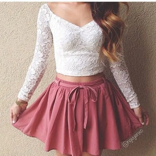 White V Neck Lace Long Sleeve Crop Top with Pink Skater Skirt