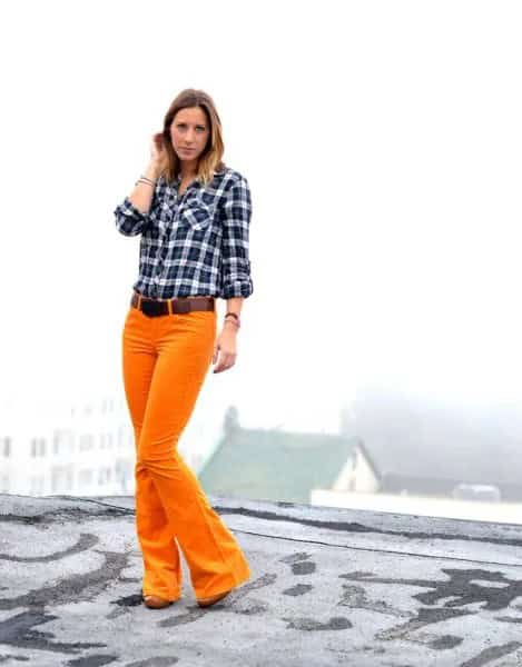 Black and White Plaid Boyfriend Shirt with Mustard Yellow Flared Corduroy Jeans