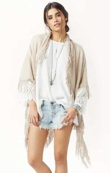 Crepe Cashmere Fringe Wrap with White Blouse & Denim Shorts