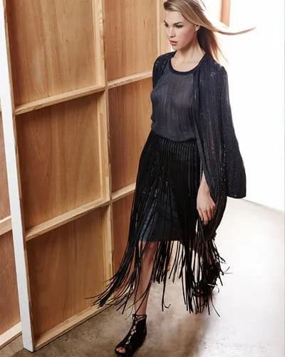 Black Long Cardigan with Leather Fringe Belt