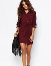 Burgundy Belted Shirt Dress with Black Ankle Boots