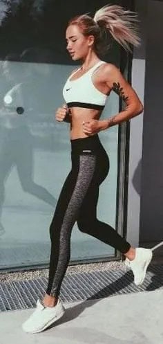 White Sport Bra Top with Black and Grey Running Tights & Sneakers