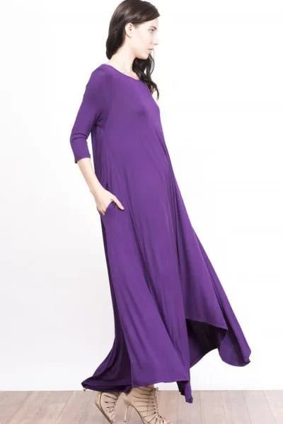 Purple Three-Quarter Sleeve Floor Length Shift Dress with Nude Strappy Heels