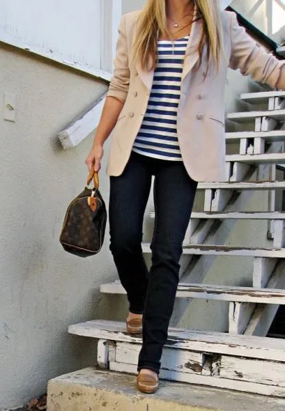 Ivory Blazer with Striped Tee & Dark Blue Jeans