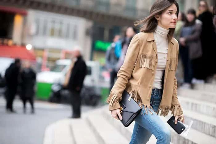 Crepe Suede Fringe Jacket with White Turtleneck Sweater