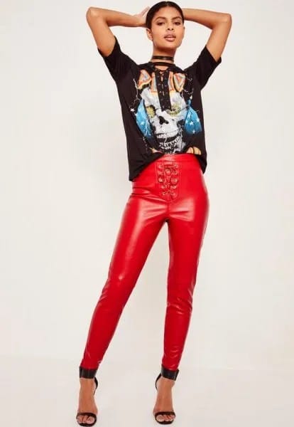 Black Printed T Shirt with Bright Red Lace Up Leather Pants