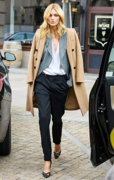 Light Camel Long Wool Coat with Black Dress Pants