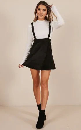 White Mock Neck Fitted Sweater with Black Suspender Corduroy Skater Skirt