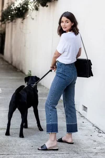 Black Slide Sandals with Mom Jeans & White Top