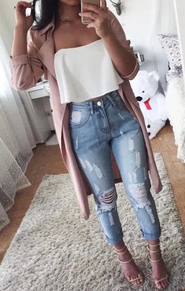 White Strapless Blouse with Grey Longline Trench Coat & Ripped Jeans