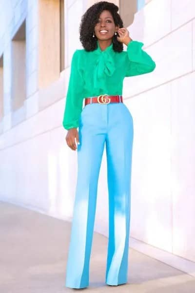 Pink Ribbon Bow Blouse with Sky Blue High Waisted Wide Leg Trousers