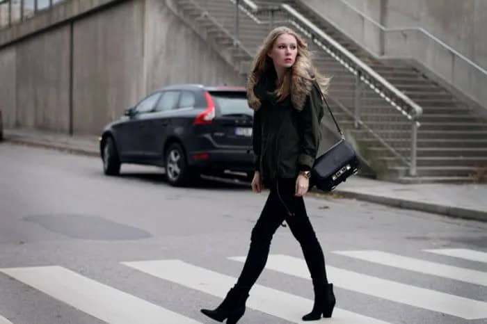 Black Casual Coat with Matching Skinny Jeans & Suede Ankle Boots