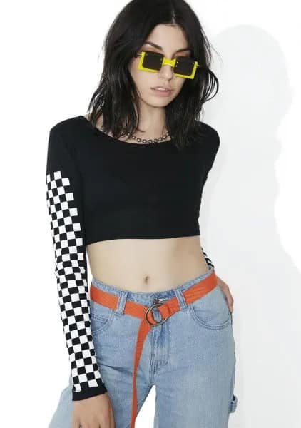 Black Form Fitting Boat Neck Crop Top with Boyfriend Jeans