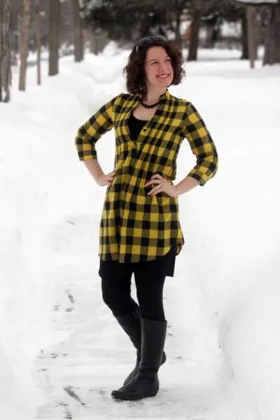 Yellow and Black Plaid Top with Leggings & Knee High Boots