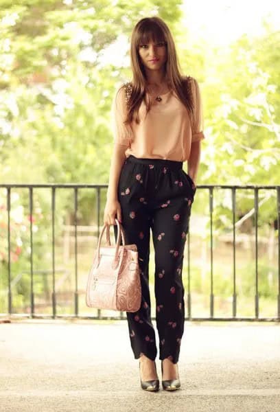 Pale Yellow Chiffon Top with Black Floral Printed Pants