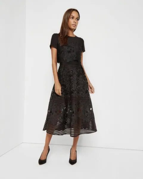 Black Semi-Sheer Floral Lace Midi Dress