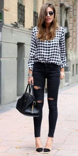 Black and White Checkered Blouse with High Waisted Ripped Jeans