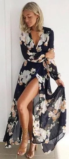 Black and White Floral Printed Deep V Neck Wrap Long Dress