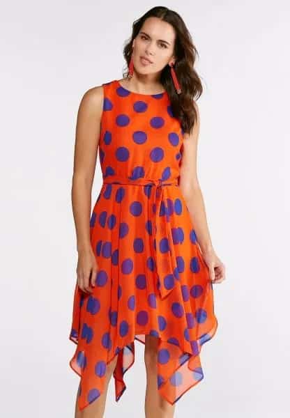 Orange and Blue Polka Dot Sleeveless Knee Length Chiffon Dress