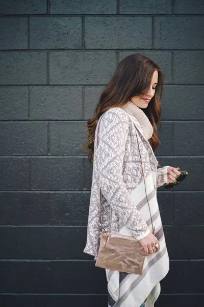 Grey and White Mock Neck Chunky Sweater Dress