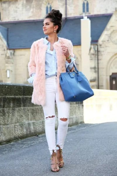 Wear with Blue Shirt & Pink Faux Fur Coat