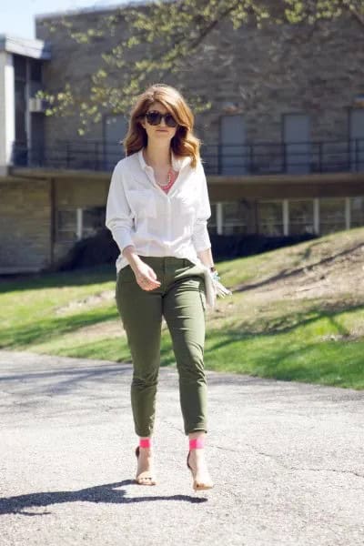 White Button Up Blouse with Army Green Ankle Pants