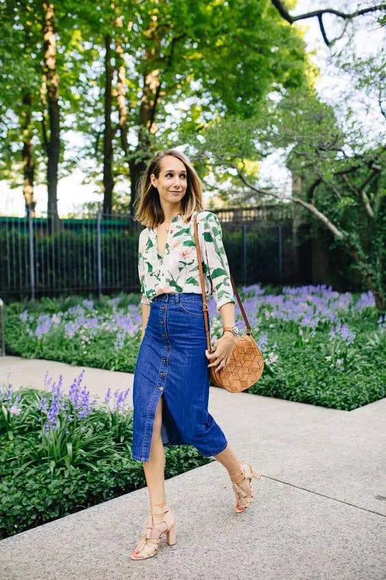 Floral Blouse and Denim Midi Skirt