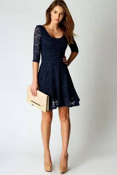 Navy Half Sleeve Lace Mini Flared Party Dress