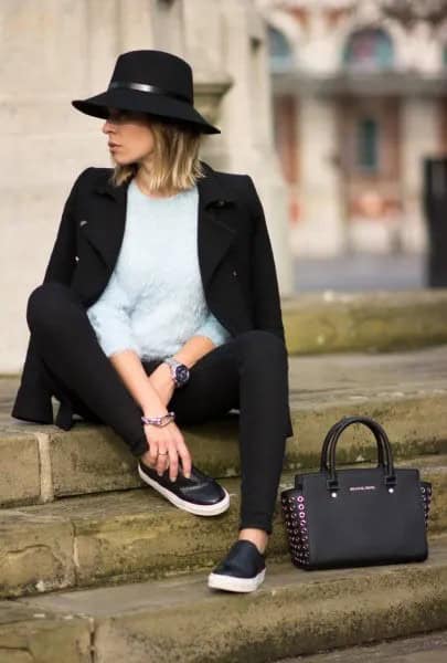 Black Slip On Shoes with Wool Coat & Felt Hat