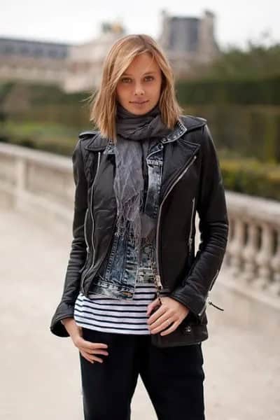 Leather Biker Jacket with Striped Tee & Linen Scarf