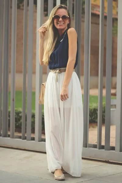 Black Sleeveless Sweater with White Chiffon Maxi Skirt