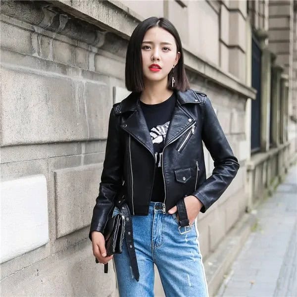 Black Short Leather Jacket with Print Tee & Blue Slim Fit Jeans