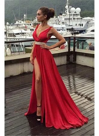 Red High Slit Belted Floor Length Dress with Black Heels