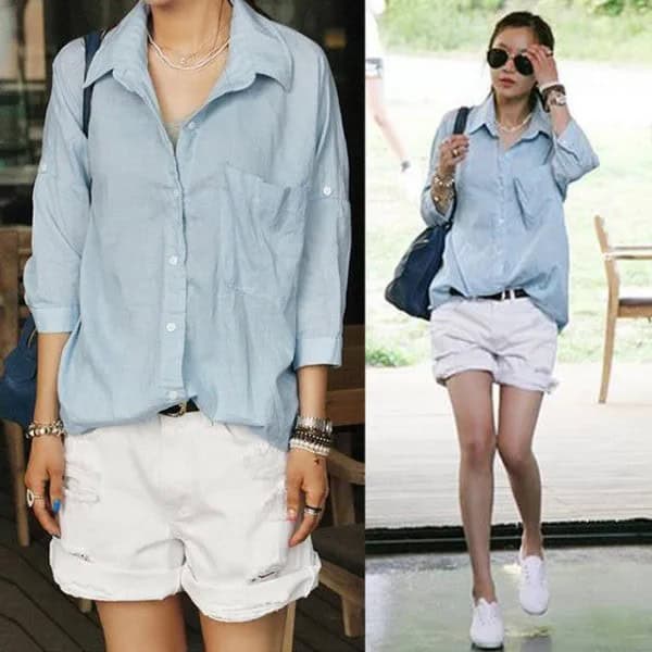 Greyish Blue Button Up Shirt with Cuffed White Denim Shorts