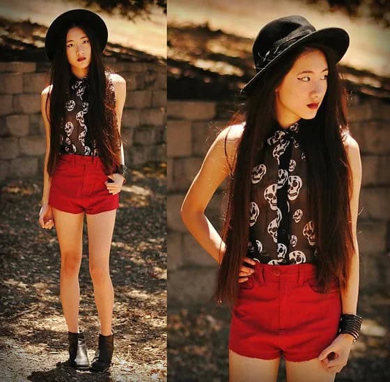 Black and White Chiffon Blouse with Red High Waisted Shorts