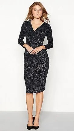 Dark Purple and White Polka Dot V Neck Midi Dress with Black Heels