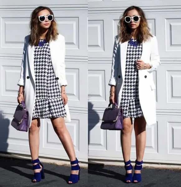 Checkered Mini Ruffle Hem Dress with White Long Coat