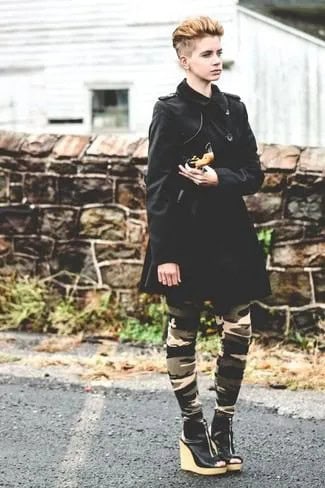 Black Longline Coat with Camo Tights & Wedge Boots