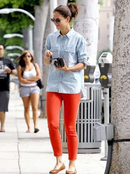 Red Skinny Jeans with Chambray Boyfriend Shirt