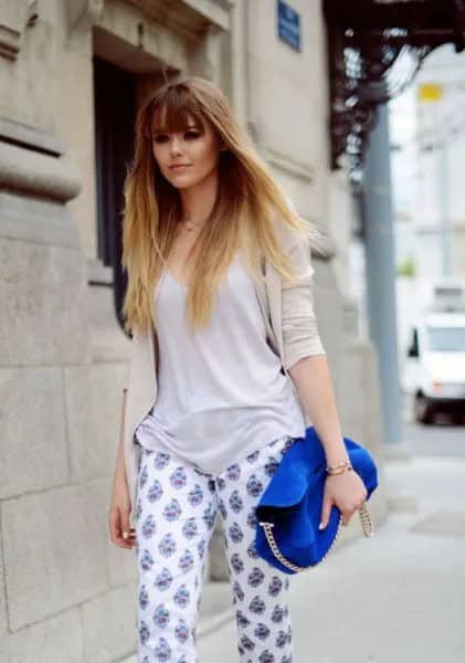 Grey Scoop Neck Tee with Tribal Printed Slim Fit Pants & Royal Blue Suede Purse