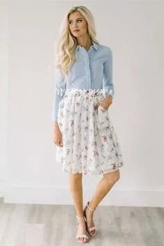 Light Blue Shirt with White Floral Printed Pleated Chiffon Skirt with Pockets