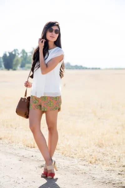 White Sleeveless Chiffon Blouse with Orange Floral Printed Mini Summer Shorts