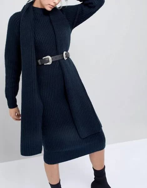 Black Ribbed Sweater Midi Dress with Cowboy Belt